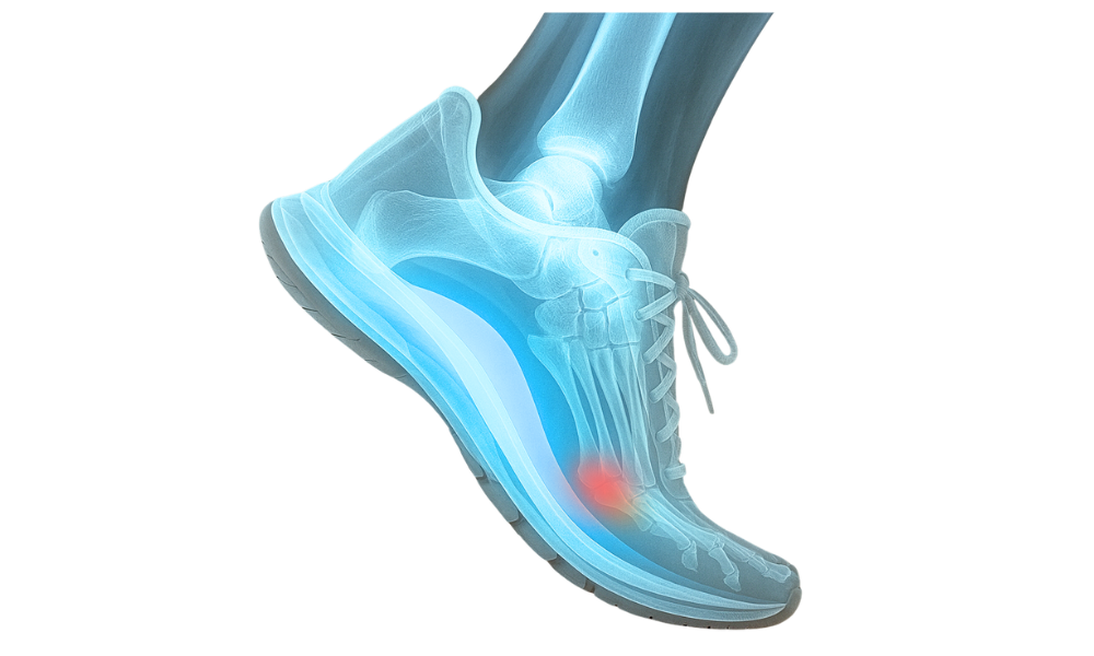 X-ray showing foot in shoe with pain indicator at second toe